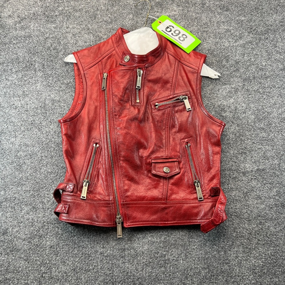 DSQUARED2 Leather Motorcycle Vest Womens 40 Red Side Buckle Asymmetric Zip